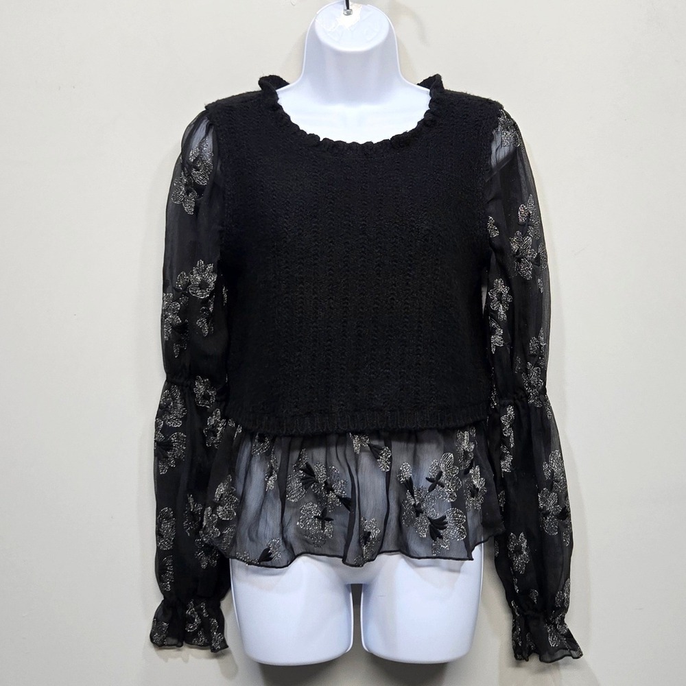 Anthropologie Peplum Sweater XS Black Floral Metallic Embroidered Sheer Romantic